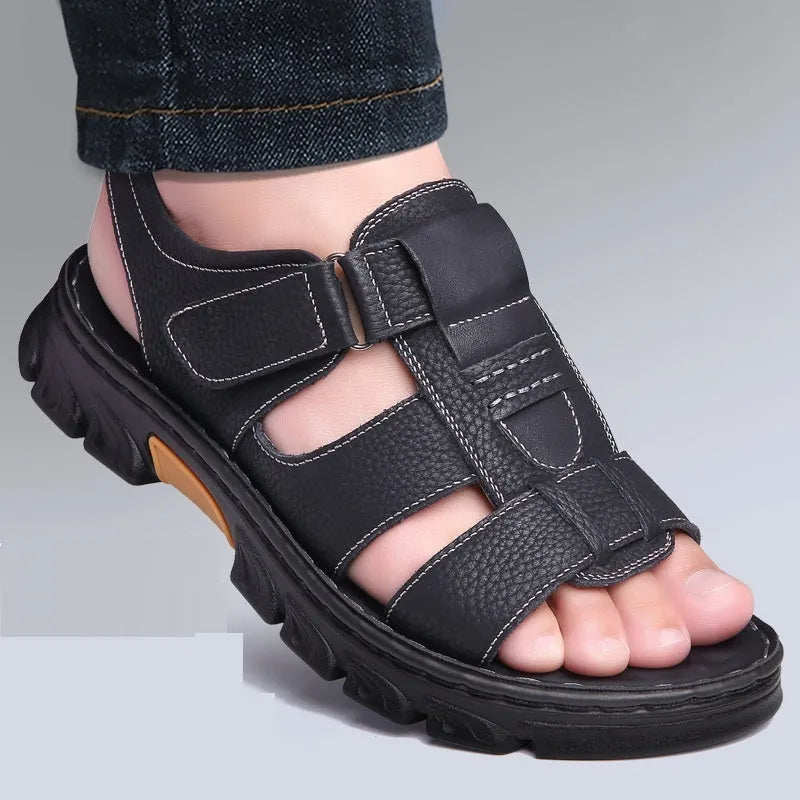 Men's summer cowhide soft bottom dual-use sandals open toe beach slippers with Velcro closure