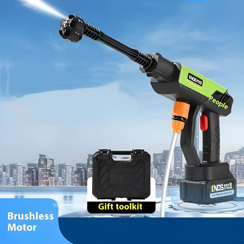 Wireless high-pressure water gun with six nozzle settings in green colour showing included accessories