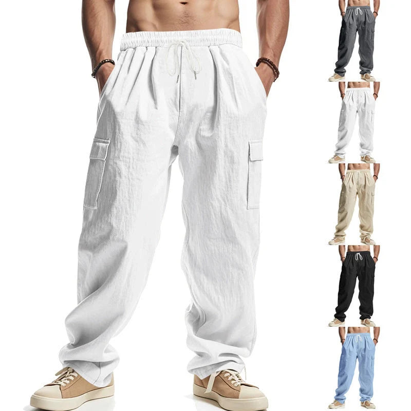 Men's multi-pocket linen pants in various colours