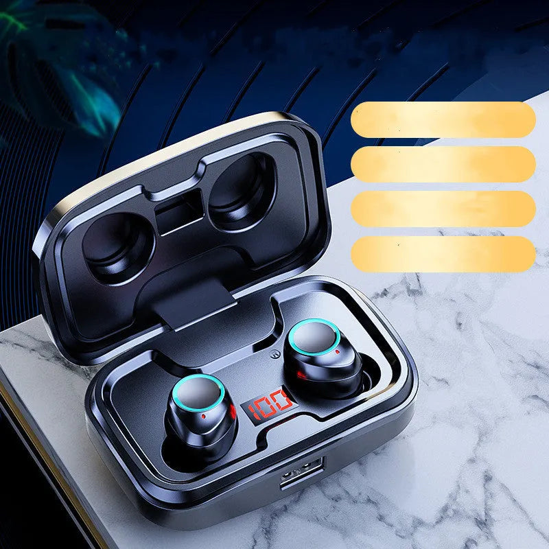 Black wireless in-ear Bluetooth earphones with earbud tips on a white surface.