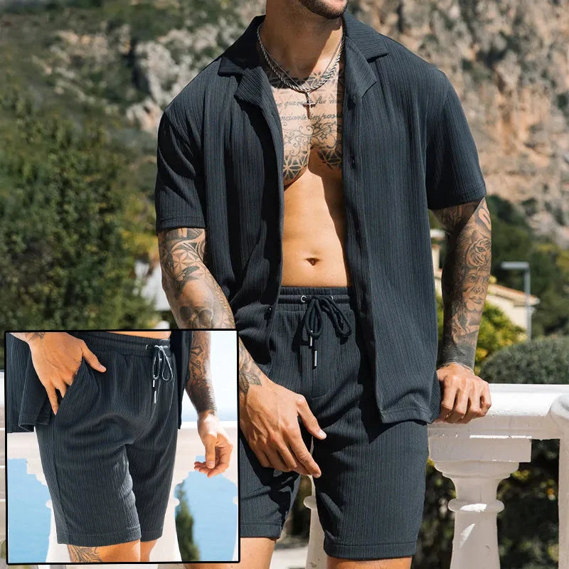 Men's stylish two-piece set for summer with short sleeve shirt and shorts