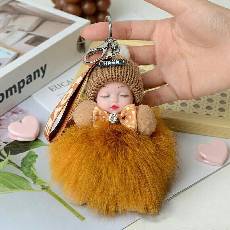 Hand-woven fox fur sleeping doll plush keychain pendant with or without bow