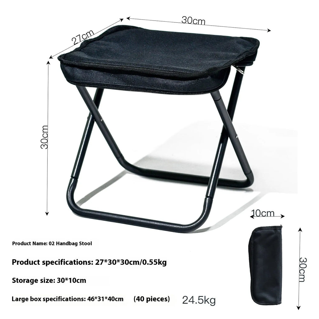 Lightweight foldable camp chair stool in oxford cloth shown in khaki colour, folded compactly.