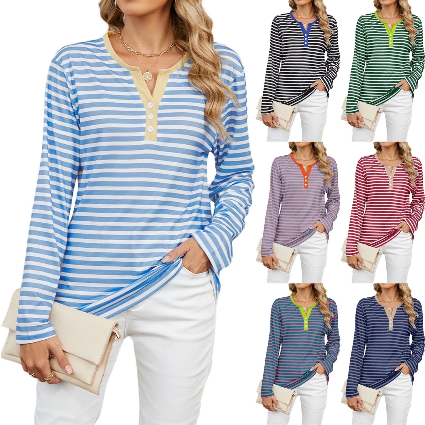 Women's V-neck striped loose long-sleeved t-shirt in various colours