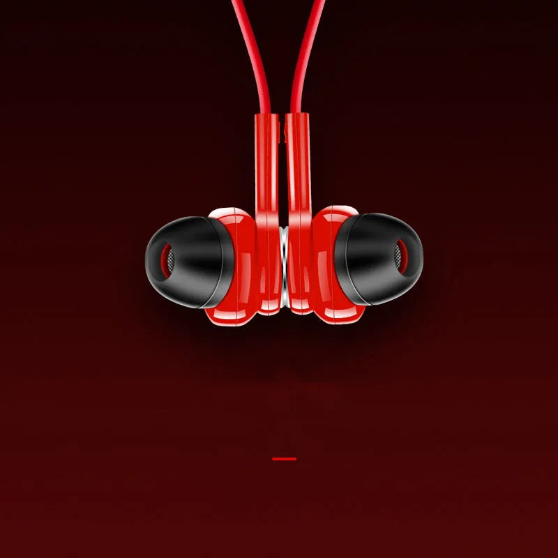 Red neckband sports Bluetooth earphones showing earpieces and USB charging cable.