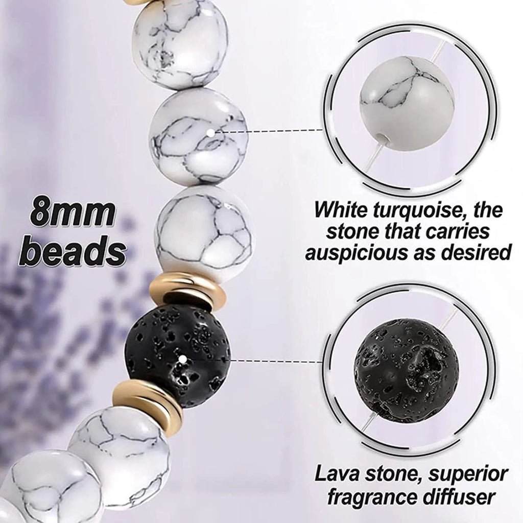 Handmade alloy bracelet with natural stone beads in volcanic white, tiger eye, and agate styles