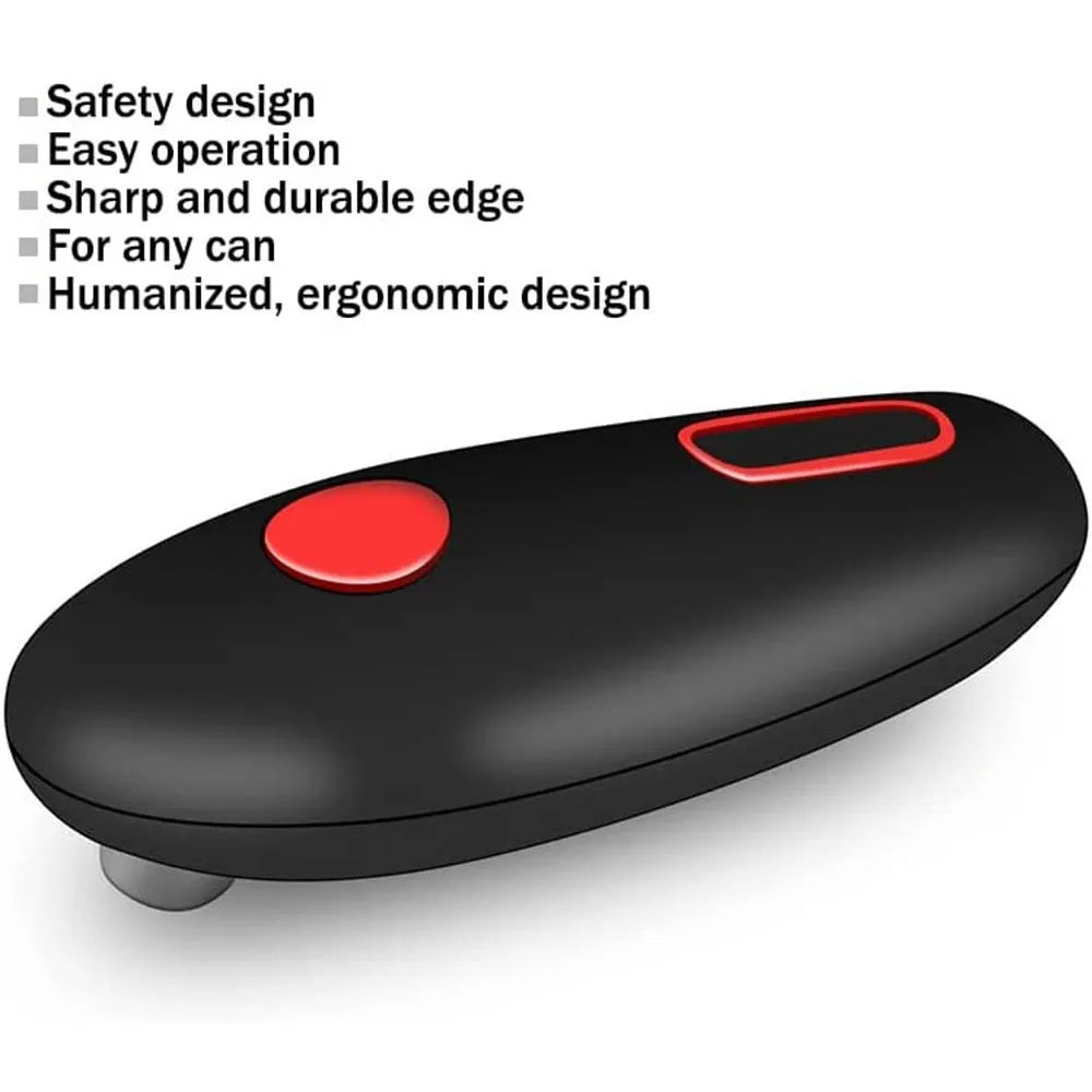 Black plastic electric can opener with battery compartment for portable kitchen use