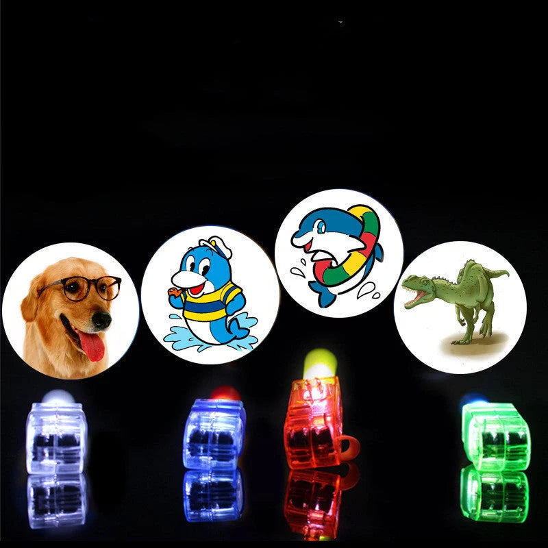 LED Finger Light Ring projecting cartoon patterns at a kids' party