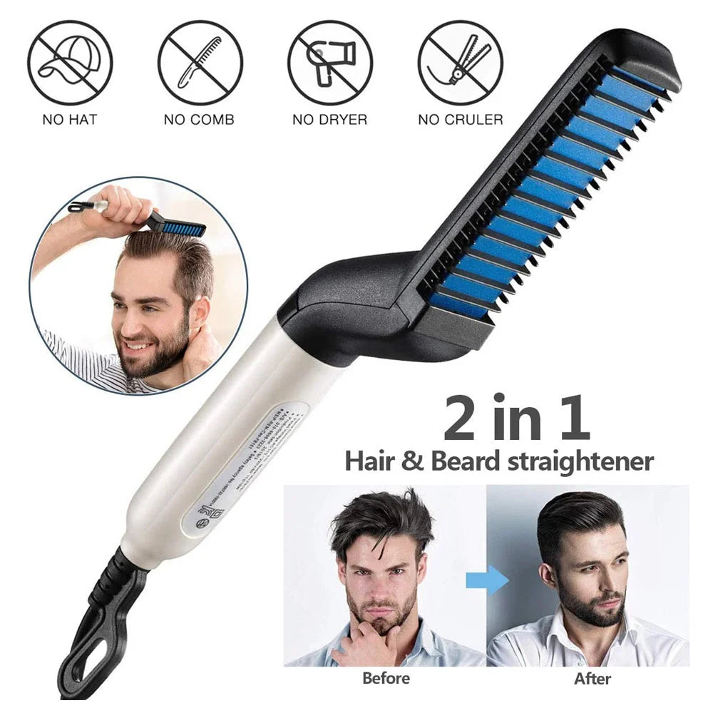 Electric hair straightener brush for men with quick heating feature and protective comb cover