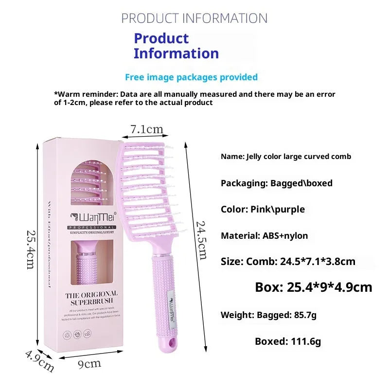 Jelly colour large hair curling comb made of ABS nylon, pink colour, boxed