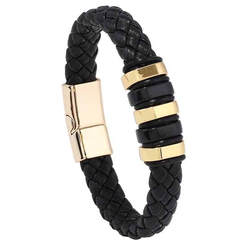 Multi-layer leather woven bracelet wrist ring in black, gold, white, and black and golden