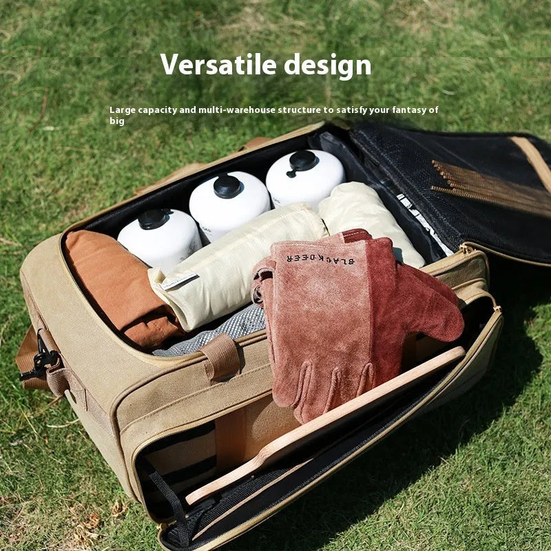 Outdoor camping cookware storage bag with split compartments for stove equipment and gas tank