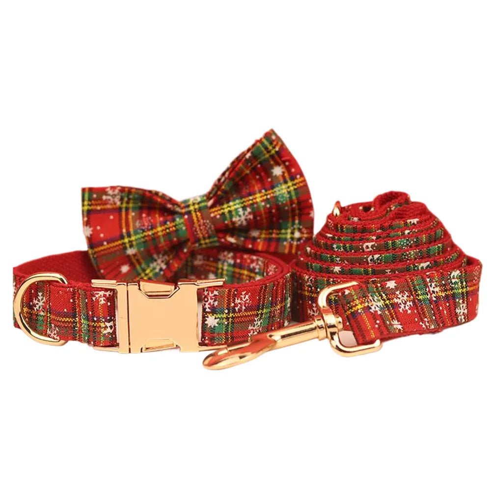 Red snowflake Christmas dog collar set with plaid leash and matching vest