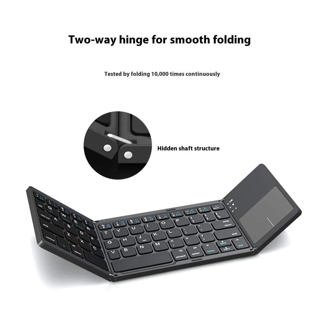 Black tri-fold Bluetooth keyboard shown open next to a smartphone, demonstrating its portable size.