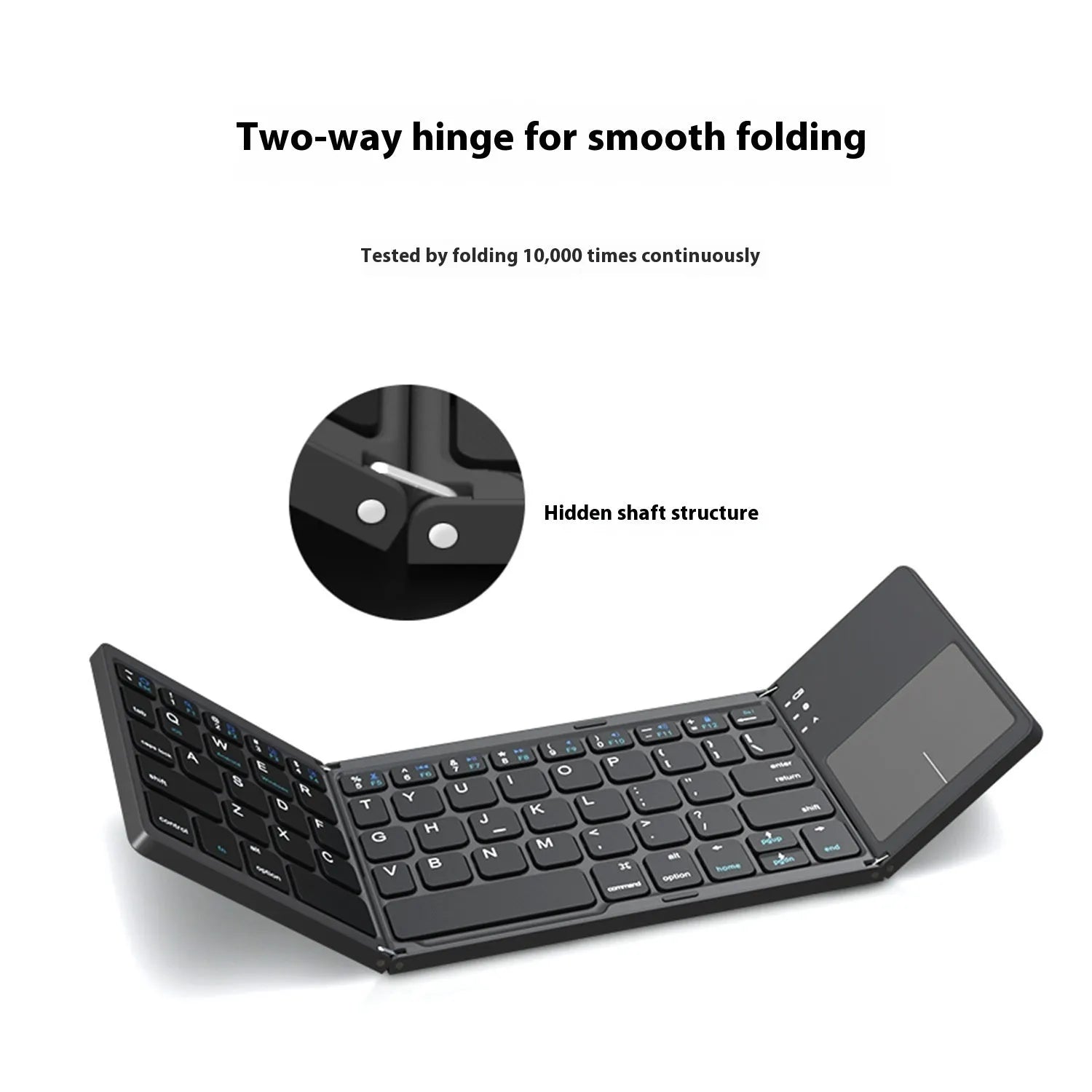 Black tri-fold Bluetooth keyboard shown open next to a smartphone, demonstrating its portable size.
