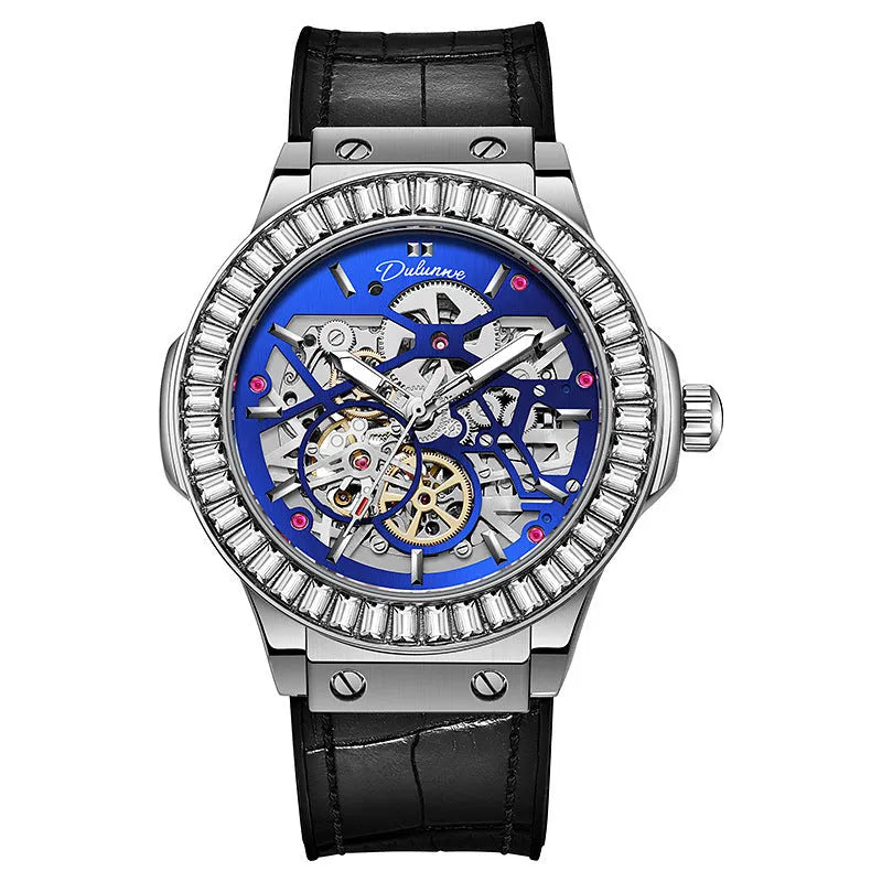 Men's automatic mechanical watch with diamond studs on a hollow dial, shown in a 16mm case.