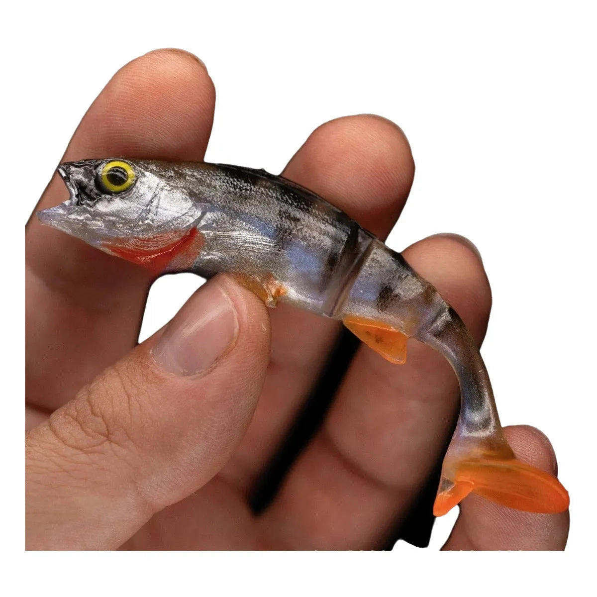 Two T-tail catfish soft fishing lures showing fish colour pattern and design details
