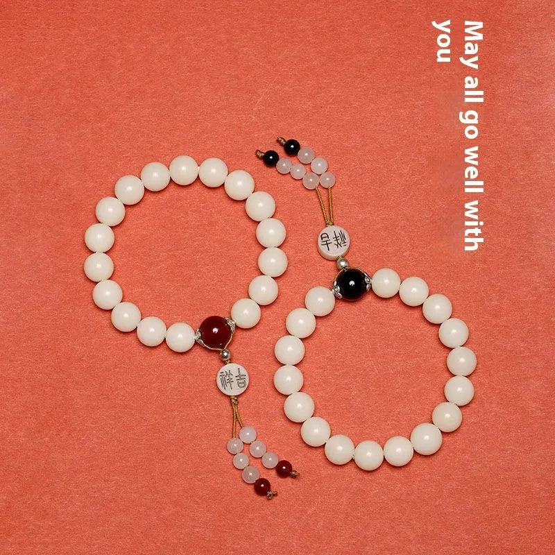 National style couple bracelet with white jade and 10mm Bodhi beads in red, black, or gold colours