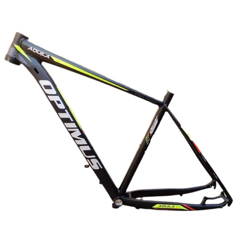 Black green 29 inch aluminium mountain bike frame showing internal cable routing ports and disc brake mount.