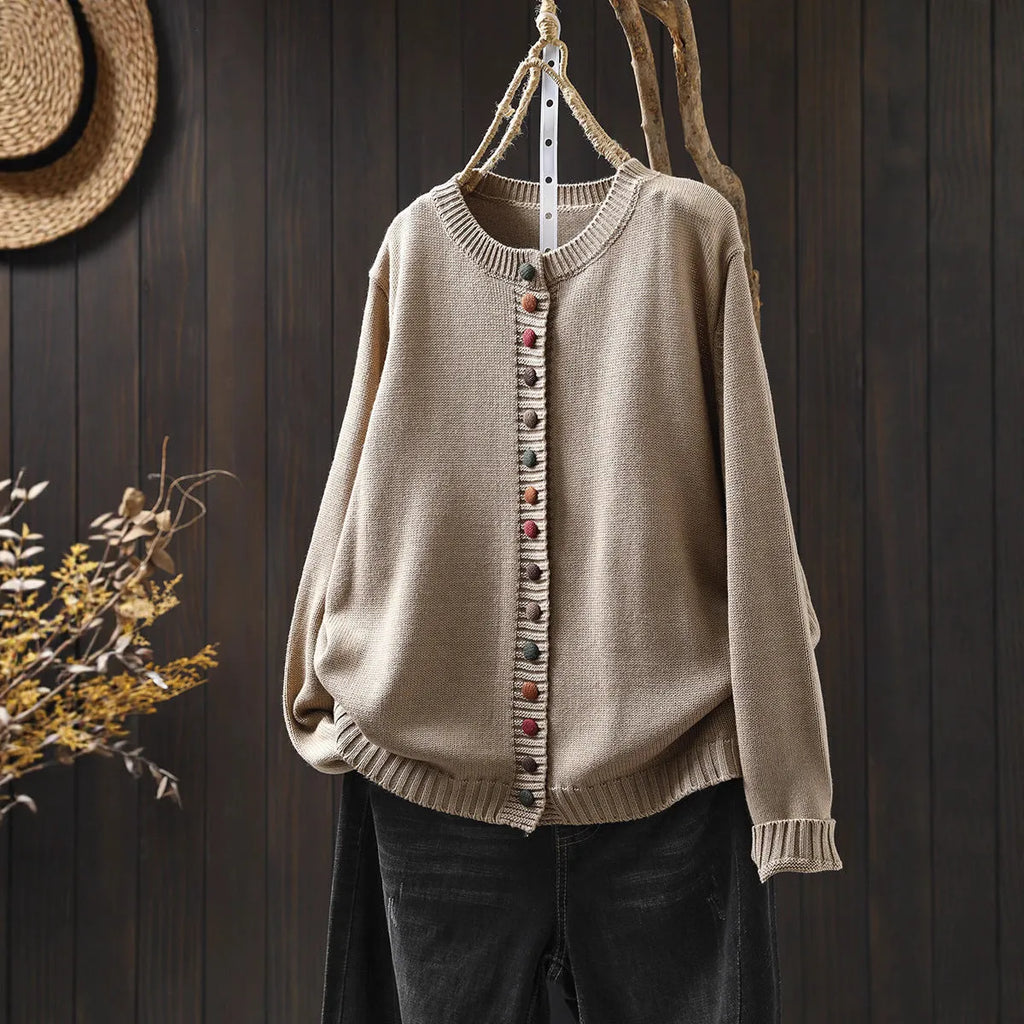 Women's colourful button cardigan, loose-fit cotton spandex knit, long sleeves, art retro style, available in black and khaki