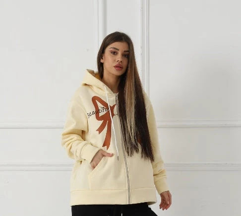 Women's long sleeved sweatshirt in apricot and brown, sizes S to XXL