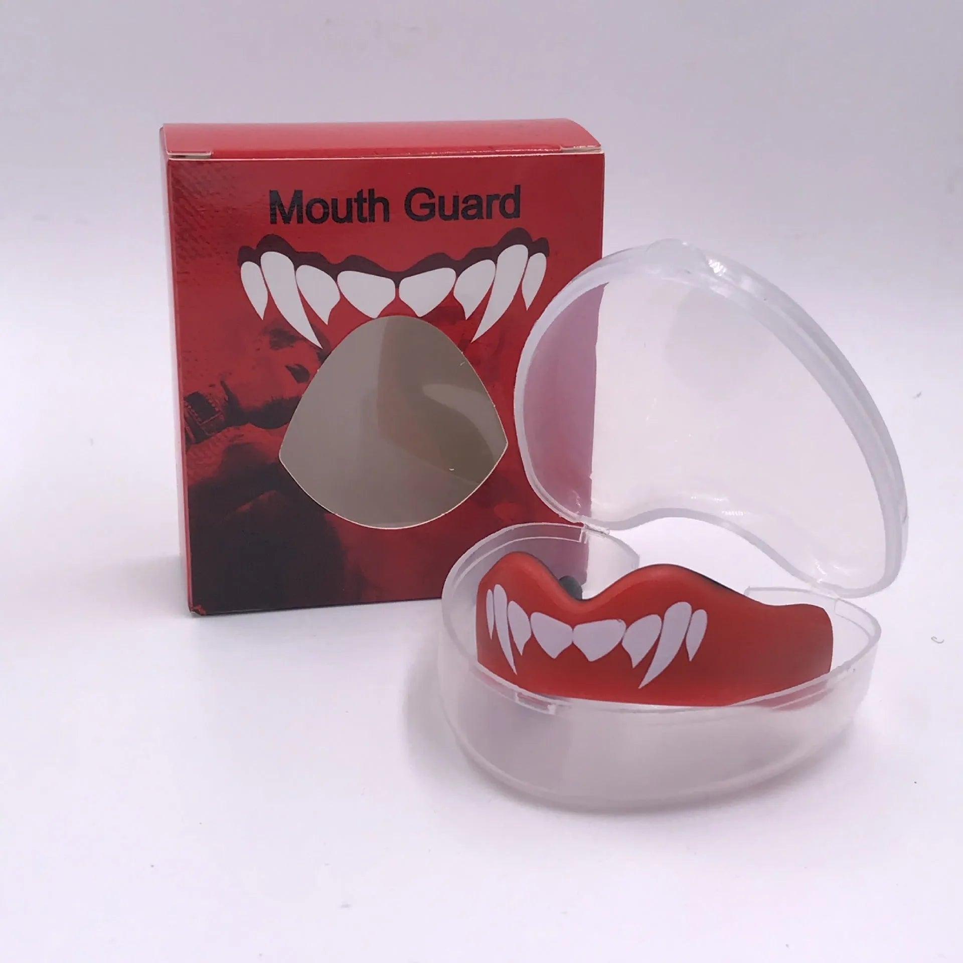 Adult boxing sports mouthguard with printed teeth pattern in black and white colour