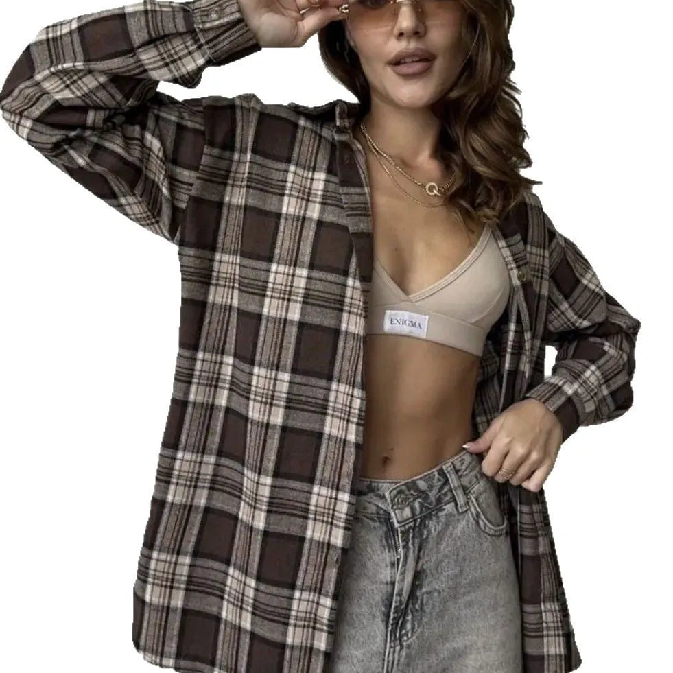 Women's dark brown striped cotton shirt with long sleeves and collaged stitching details