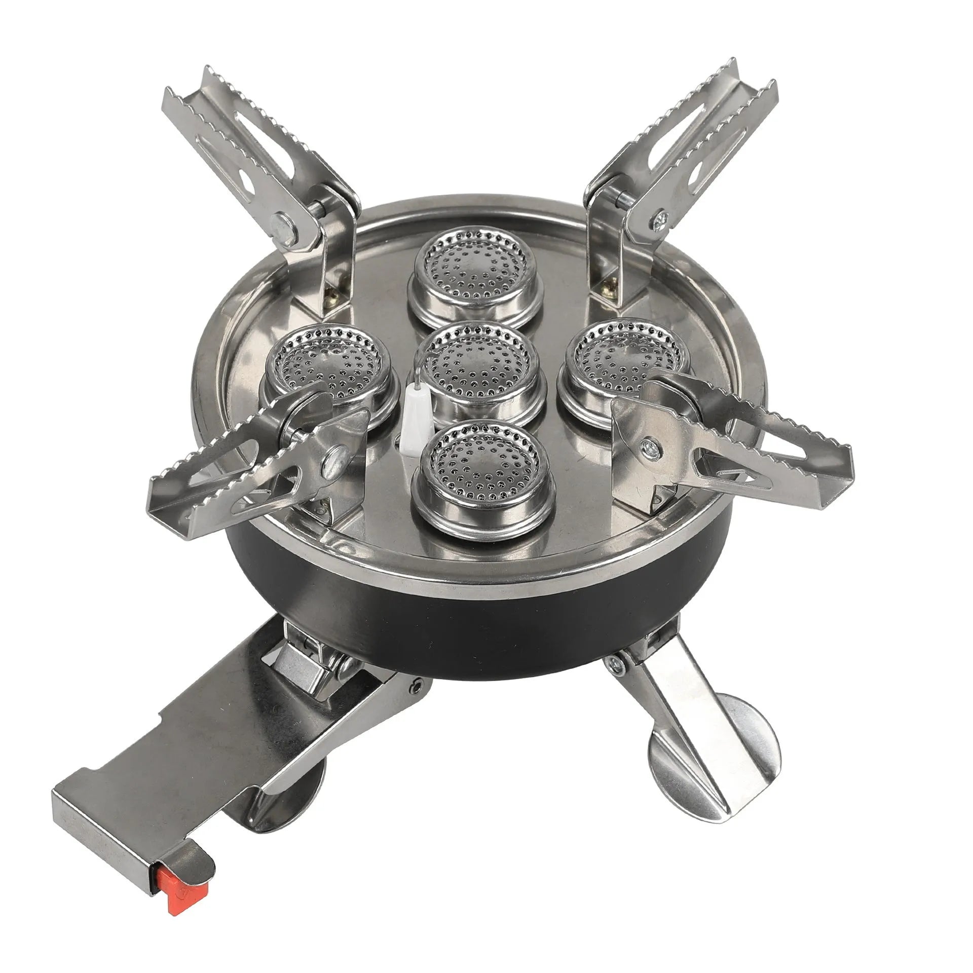 Silver portable split stove for outdoor camping and picnics on a flat surface.