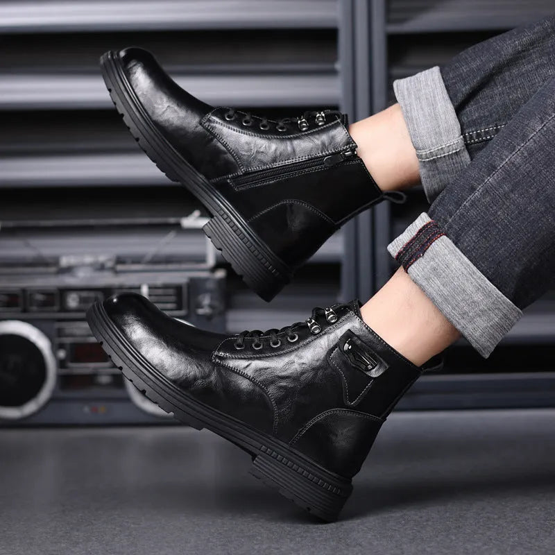 Men's Fashion Haulage brown cowhide leather booties low heel 1-3cm side view