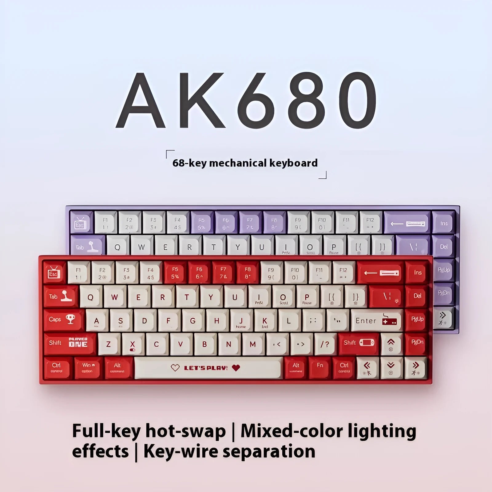 AJAZZ AK680 red and white mixed colour mechanical gaming keyboard with hot-swappable switches on a desktop