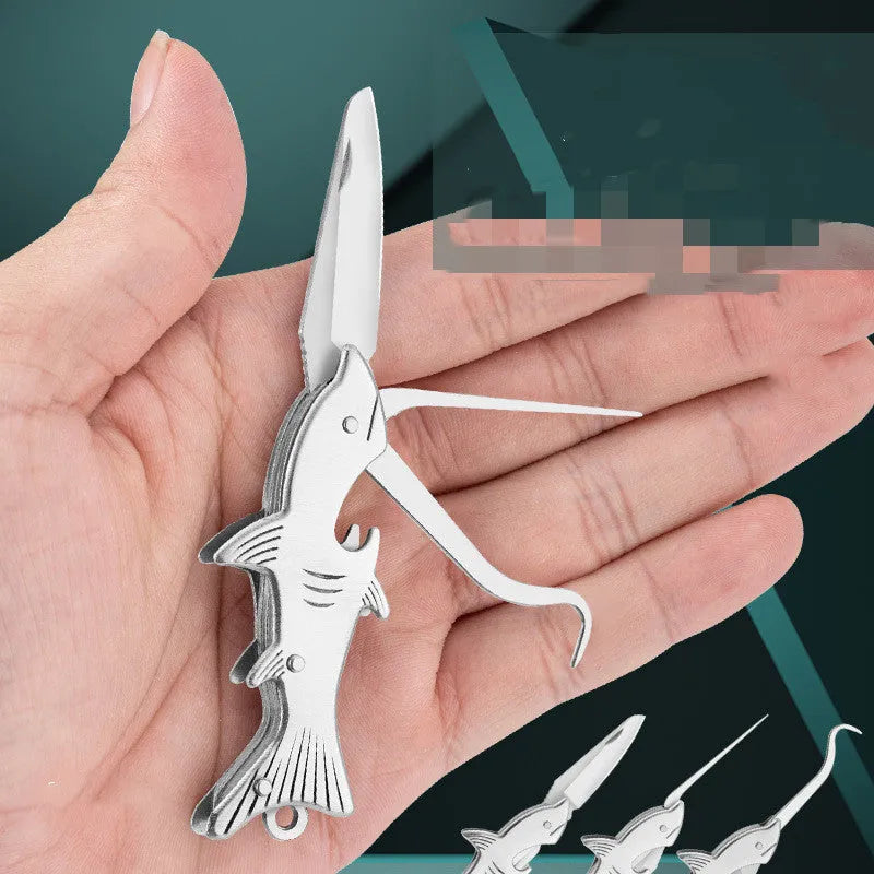 304 stainless steel multi-functional toothpick knife with non-slip grip in silver finish on white background