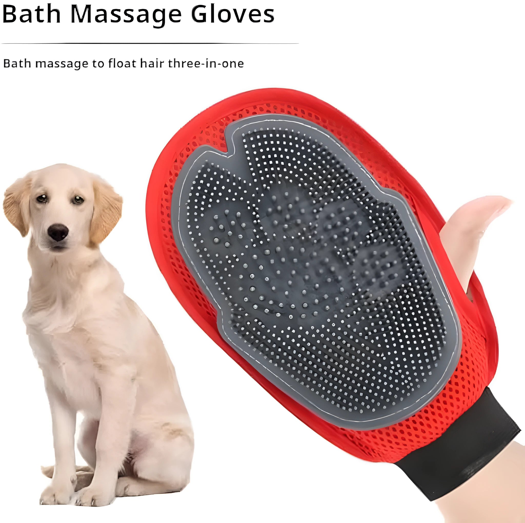 Red silicone pet bathing glove with integrated brush pattern for dog and cat grooming