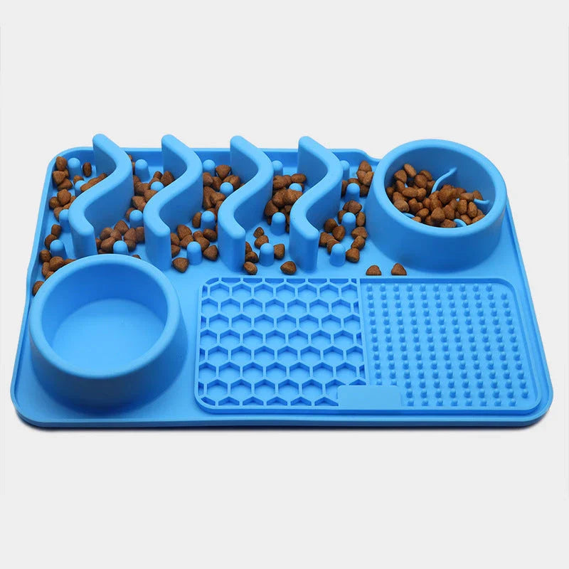 Premium silicone slow feeder licking mat for dogs, available in small and large sizes with textured surface to slow down eating pace and promote dental health