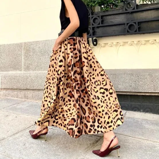 Brown leopard print women's A-line long skirt with an elasticated waistband.