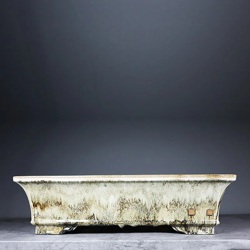 Glazed ceramic rectangular flower pot with old tree pile texture, classical style, available in dark or light jun glaze