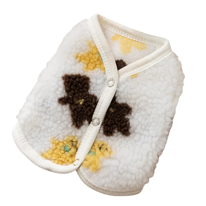 White Teddy bear printed Sherpa pet vest with button closure for small dogs and cats