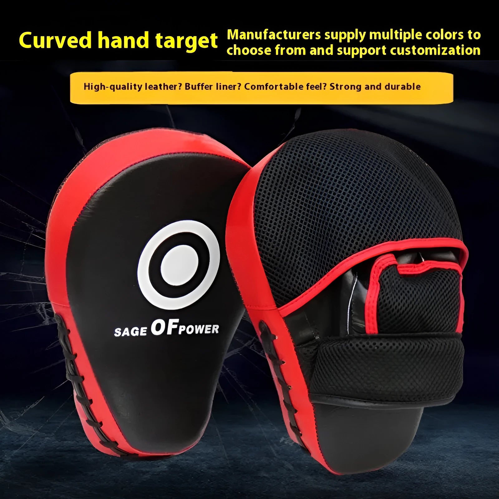 Red and black martial arts hand target kick pad for boxing and taekwondo training drills.