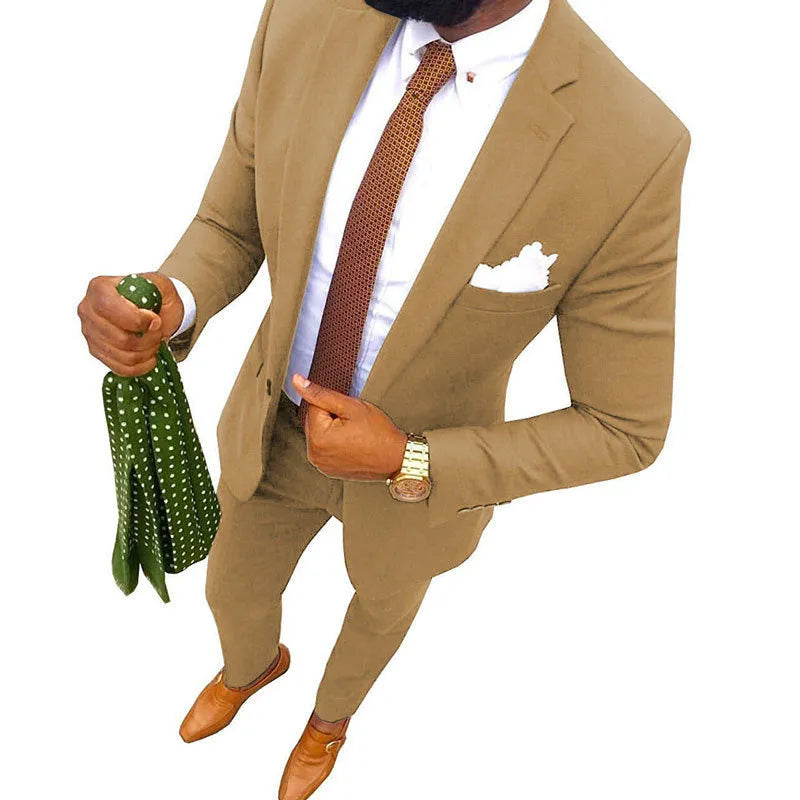 Men's two-piece cotton suit set on a hanger, available in multiple colours and extended sizes including plus sizes.