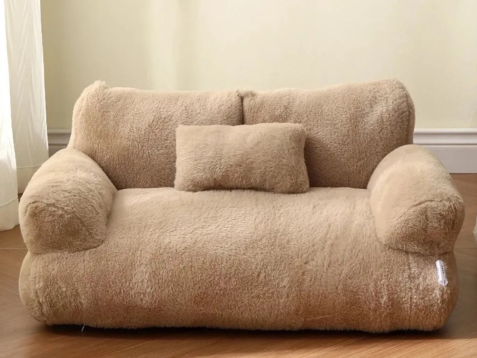 Luxury cat bed sofa in mousse coffee colour with thick backrest and plush pillow on anti-slip base