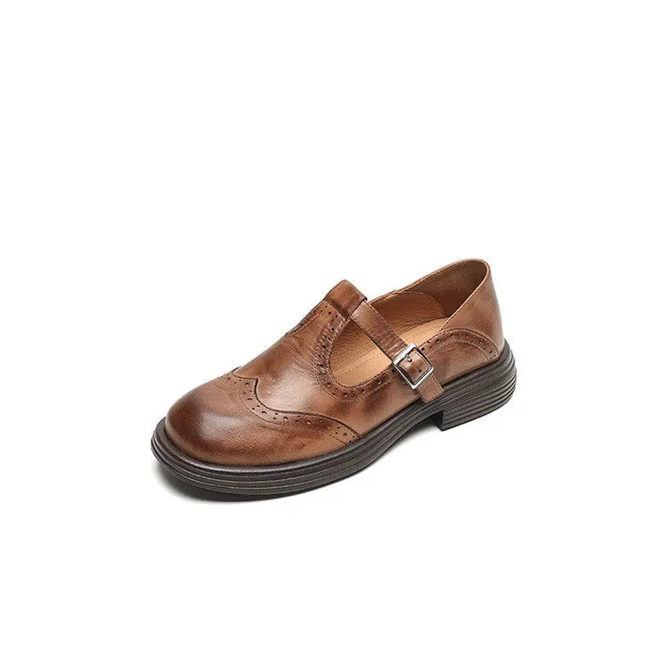 Women's black and brown British-style flat leather shoes with round toe and sheepskin uppers