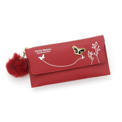 Ladies PU leather long hair ball bow purse with magnetic buckle in various colours