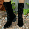 Women's black suede lace-up chunky heel boots, mid-calf pointed toe, height increase