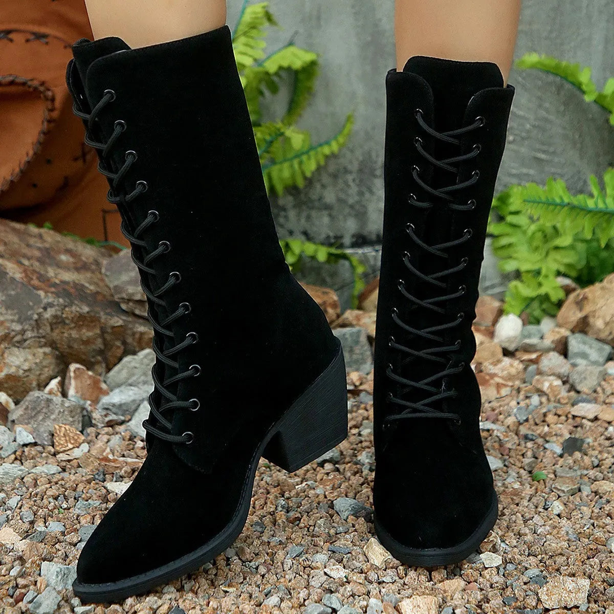 Women's black suede lace-up chunky heel boots, mid-calf pointed toe, height increase
