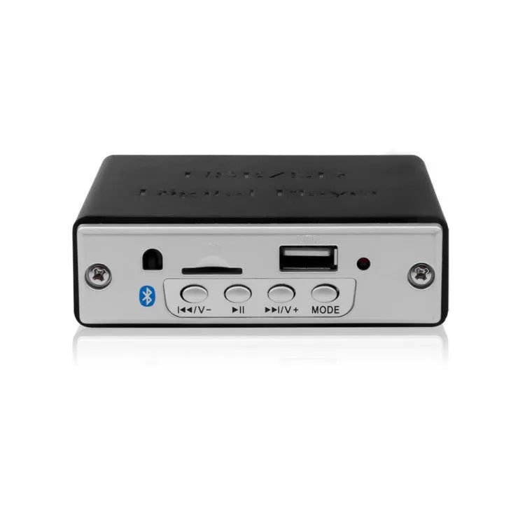 White 12V car Bluetooth MP3 decoder with USB and TF card slots, FM radio, and infrared remote control