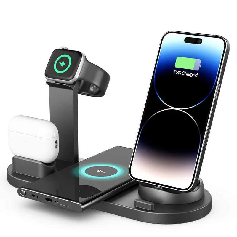 15W wireless charging stand holding phone, Apple Watch and AirPods in black finish