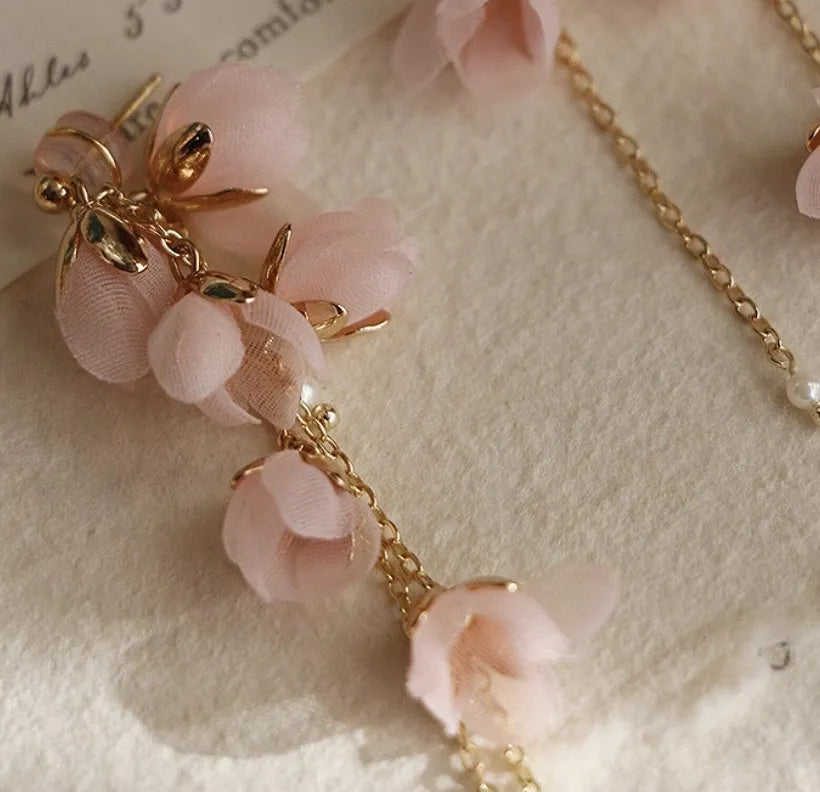 Long tassel romantic cherry blossom earrings in pink with gold plating, 8cm drop, mori fairy style