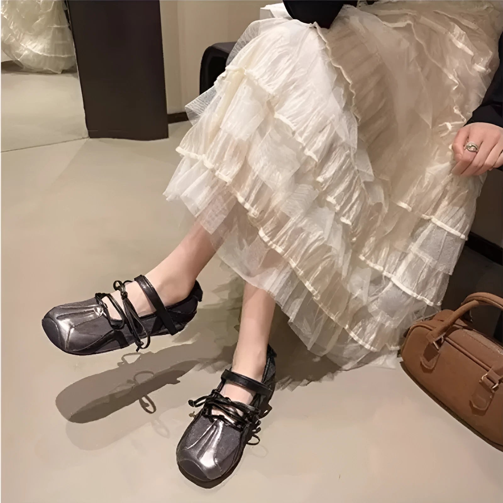 French style vintage Mary Jane ballet shoes with English muffin heel and round toe in beige colour