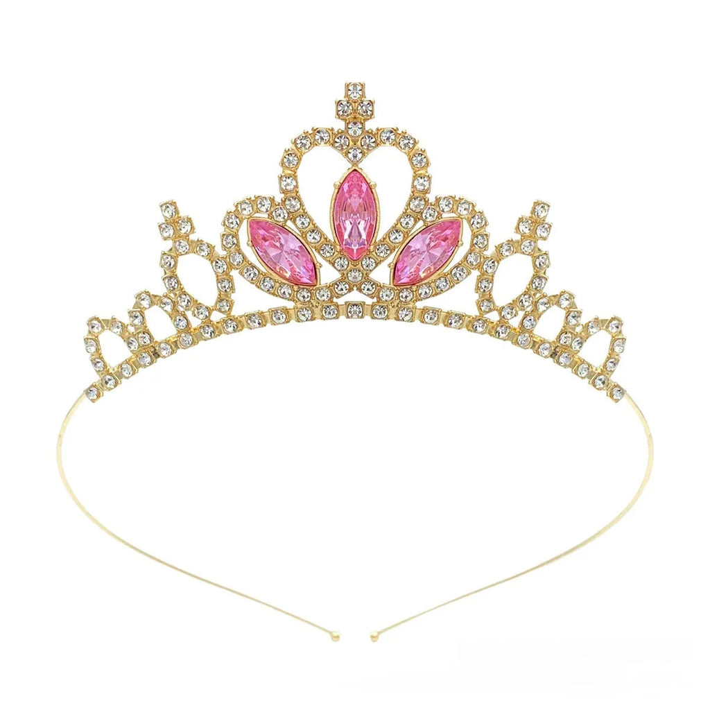 Gold electroplated alloy princess crown tiara with crystal accents for girls birthday parties
