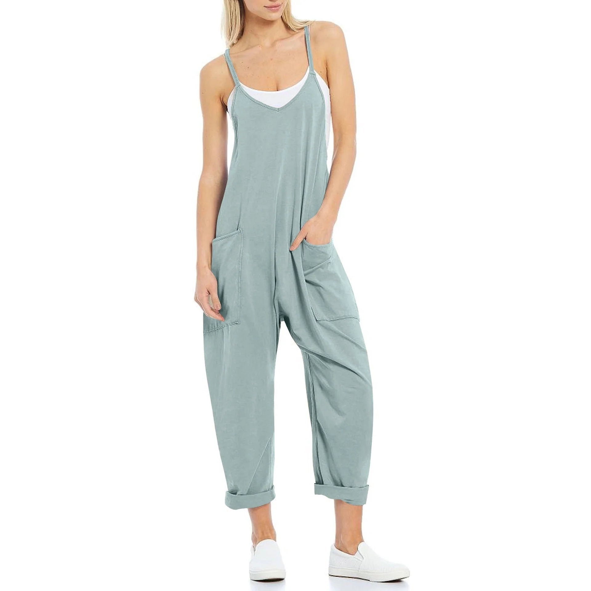 Women's knitted one-piece trousers with pockets and spaghetti straps in various colours