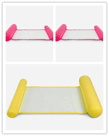 Inflatable water lounge chair in blue, floating in pool with hammock design visible